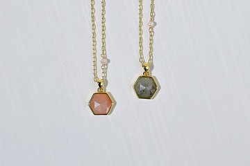 六邊形純銀項鍊 / 橙月光石 拉長石 珍珠 / JIEGEM 姊的珠寶