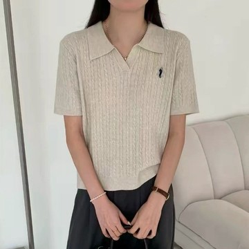 【VK】NM8804422 Polo領麻花針織短袖 女生小刺繡修身上衣 簡約百搭休閒薄款毛衣 韓系日常穿搭