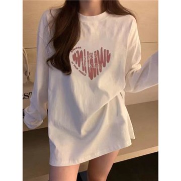 加絨長袖t恤女2025春秋白色打底衫時尚內搭中長款寬松棉質上衣潮