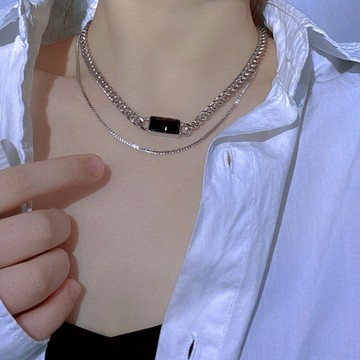 歐美簡約雙層鈦鋼金屬鏈短項鏈女復古幾何黑寶石嘻哈潮網紅頸鏈