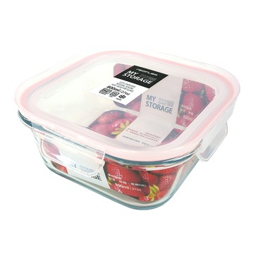 NEOFLAM專利耐熱玻璃保鮮盒 正方形-800ml (粉紅膠條)