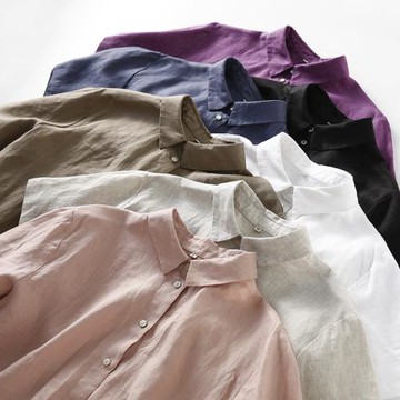 春夏新款短袖亞麻襯衫女2025寬松襯衫領夏天法國雨露麻女款上衣