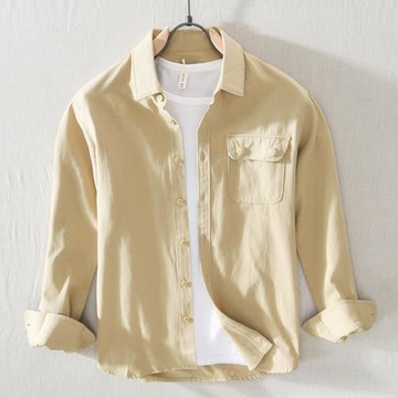 春秋男士長袖純棉襯衫日系青年休閑工裝襯衣純色潮牌上衣寸衫男裝