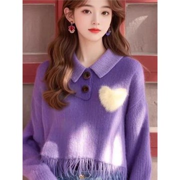 秋冬季新款洋氣別致漂亮上衣軟糯慵懶風減齡多巴胺紫色針織毛衣
