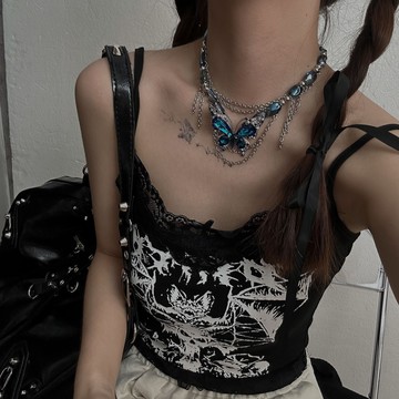 【台灣公司 可打統編】免運 辣妹藍色鉆蝴蝶水晶串珠流蘇項鏈女輕奢小眾設計感高級鎖骨鏈配飾 可開發票 全館五折 工廠現貨直銷 新品特價 z9211