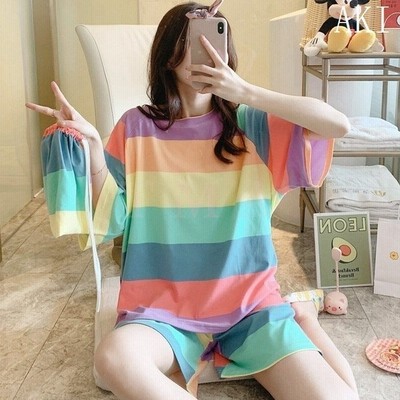 送料無料 パジャマ レディース 春夏 半袖 パジャマ 綿ルームウェア レインボーボーダー柄 上下セット韓国風 パジャマ オシャレ 可愛い 部屋着 ゆったり 通販 Lineポイント最大get Lineショッピング
