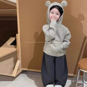 韓國童裝2025秋季新款兒童韓版可愛條紋衛衣彎刀褲幼兒園休閑套裝(鑫弘-萌寶童裝)可開發票
