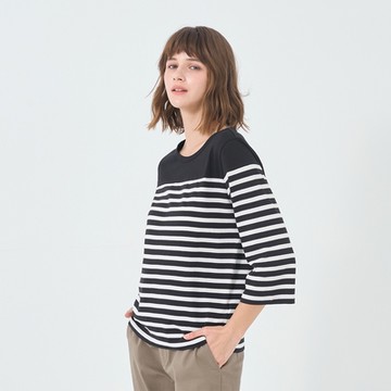 GIORDANO 女裝條紋七分袖上衣 - 14 標誌黑X皎白