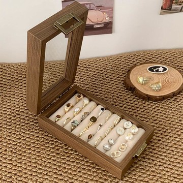 💎臺灣有貨⭐免運💎黑胡桃木紋高檔精緻便攜首飾盒小型手飾品戒指項鍊耳釘耳飾收納盒人氣推薦