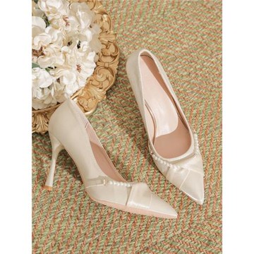法式綢緞珍珠高跟鞋女秋氣質單鞋約會細跟禮服鞋宴會鞋小碼313233