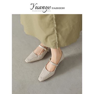 原野Yuanye●珍妮日記！真皮方頭晚風粗跟單鞋春秋新款百搭瑪麗珍