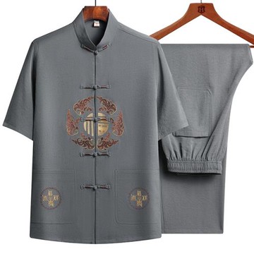 父親節爸爸夏裝老人短袖唐裝男裝套裝中老年爺爺中式冰絲麻80歲90