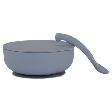 By Lille Vilde 防滑矽膠吸盤碗 含蓋及湯匙 100%食品級矽膠 防塵防漏碗蓋  灰藍色  1組