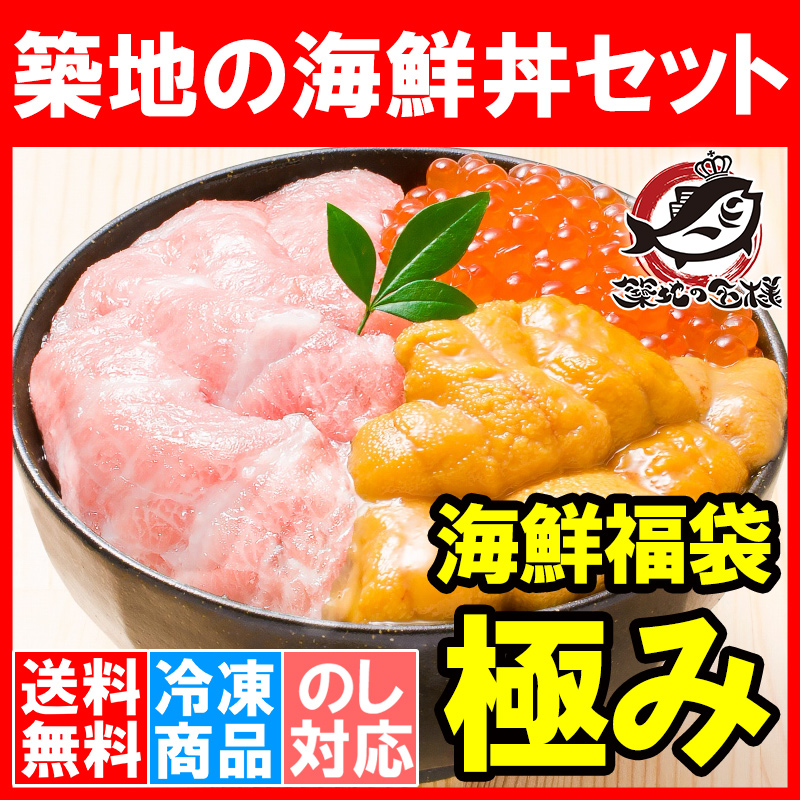 送料無料 築地の海鮮丼セット（極み・約２杯分）本マグロ大トロ特盛り２００ｇ＆無添加生うに＆北海道産イクラ。