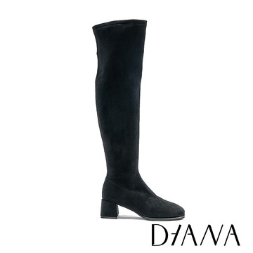 DIANA 優雅方頭彈力絨布過膝粗跟長靴 黑色 #55990