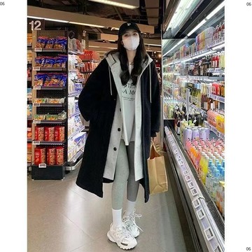 韓國chic秋冬長款外套羊羔絨衛衣寬鬆時尚歐美風連帽大衣