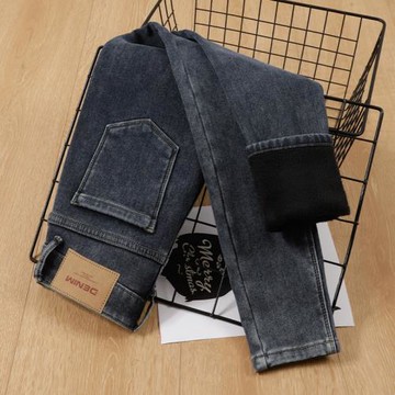 加絨加厚牛仔褲女藍灰色高腰2025冬修身顯瘦顯高彈力緊身小腳鉛筆