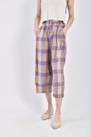 (L) xi ran高腰格紋鬆緊腰抽繩紫色長褲