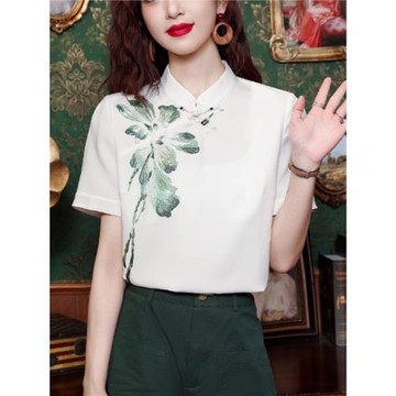 國風刺繡立領襯衫女裝短袖夏季新款改良漢服雪紡上衣中式氣質襯衣