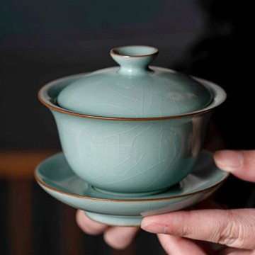 厚湖窯汝窯三才蓋碗大碼手工開片天青色禮盒泡茶功夫茶具復古家用