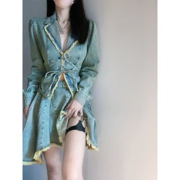 2023新款秋裝甜美辣妹牛仔上衣復古氣質百搭設計感半身裙兩件套女