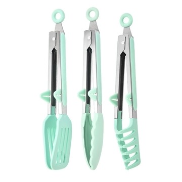 家適通 耐高溫矽膠食物夾3件組 扁型夾 + 梳型夾 + 梅花夾 食品級矽膠+430不銹鋼  北歐綠  1組