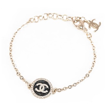 CHANEL ABG397 圓形鑲鑽CC LOGO炫彩黑細閃手鍊.淡金