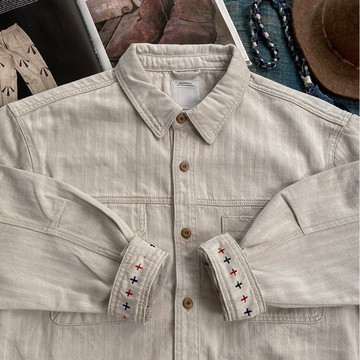 MajorFolk 日系復古 手繪雙色十字 象牙白色秋冬男長袖襯衫夾克