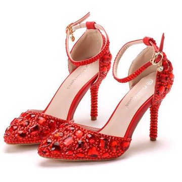 【Sp house】幸福典藏水鑽一字扣細高跟鞋(紅色)