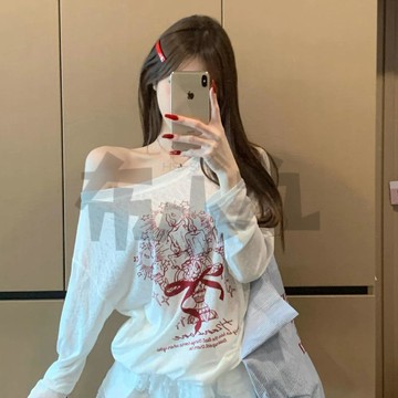 【佈小九】 韓系慵懶防曬衫 【佛山布】美式塗鴉斜肩薄款甜妹上衣長袖t恤防曬罩衫夏慵懶風 寬版防曬上衣