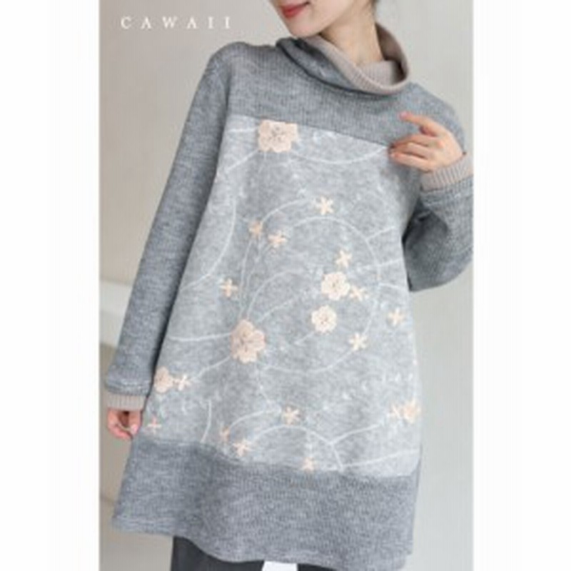 ニット チュニック ワンピース Wssgy グレー S 3l ゆったりハイネックの花刺繍ニットチュニック Cawaii 冬新作 セーター スタン 通販 Lineポイント最大5 0 Get Lineショッピング