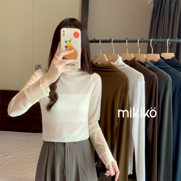 美木子｜網紗木耳邊打底衫【T11006】韓系 內搭 彈力 性感 木耳邊 透視 性感 高領 捲邊 長袖上衣 打底衫