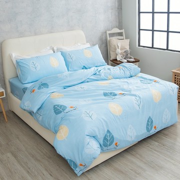 eyah 宜雅 嚴選舒柔床包 + 枕套 2個 秋葉藍草原 水洗綿工藝  Queen Size  花卉 藍色