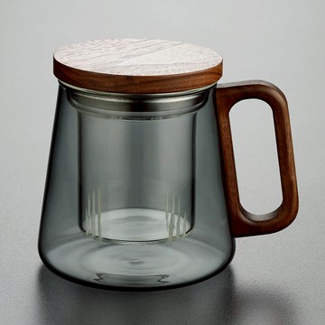 辦公全玻璃泡茶杯茶水分離泡木把耐熱帶蓋大容量過濾花茶杯男女士