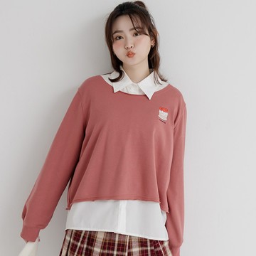 草莓蛋糕圓領不收邊印花刺繡長袖上衣 中大尺碼上衣