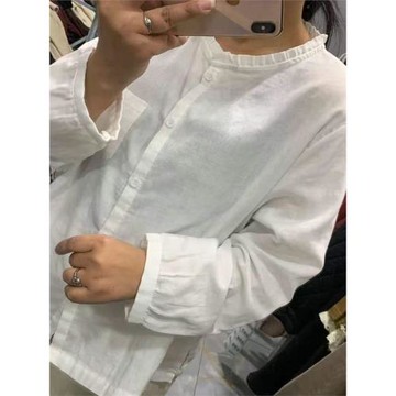W331春上新純色木耳領長袖雙紗襯衫舒適女上衣長62胸圍120
