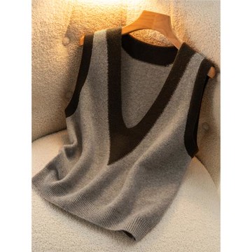 秋冬新品疊穿馬甲100純羊毛衫女V領無袖背心羊絨毛衣寬松針織坎肩