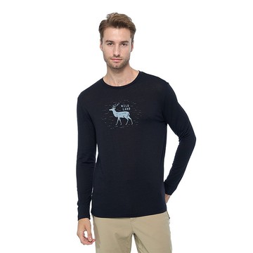 【Wildland 荒野】100%美麗諾印花長袖上衣 男 黑色 0B02602-54