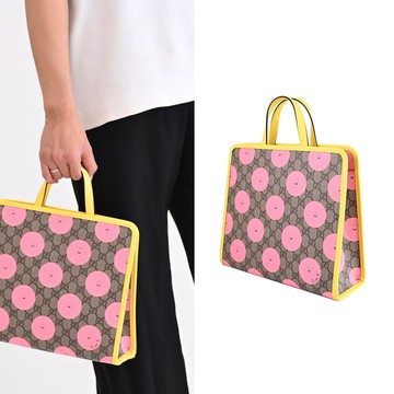 GUCCI 605614 Euan Roberts 藝術家聯名笑臉印花托特包.粉/黃