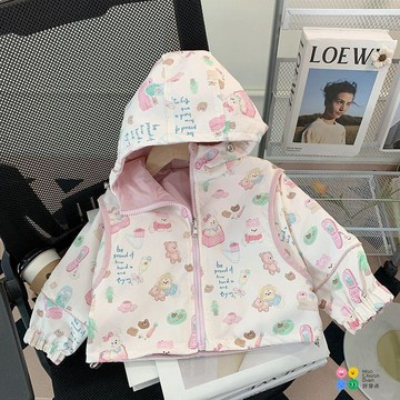 女童外套秋裝新款洋氣小童兩面穿春秋連帽上衣兒童衝鋒衣女童春秋薄款上衣外套 女童百搭長袖外衣 女童時髦洋氣外套