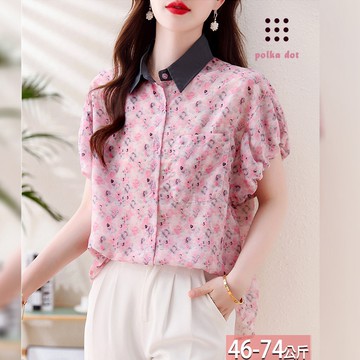 翻領花卉漸層印花口袋花苞袖襯衫 M-2XL【093927X】【現+預】☆流行前線☆