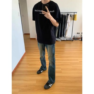 美式100%純棉夏季黑色短袖T恤男女設計感小眾情侶款正肩潮牌上衣