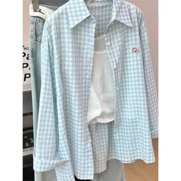 格子藍色襯衫長袖新款刺繡襯衣夏季薄款防曬外套寬松拼接休閑上衣