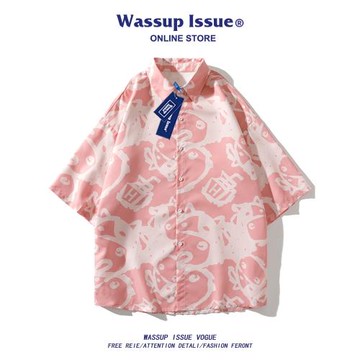 WASSUP ISSUE冰絲滿衣印花休閑襯衫男夏季潮流設計感寬松短袖襯衣