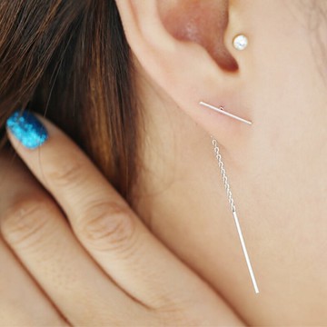 歐拉拉T型s925銀耳釘簡約時尚耳鏈氣質女1字流蘇耳環過敏包退貨