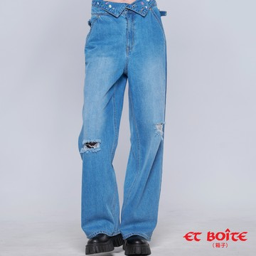 【8折▿】無彈高腰翻轉繡花丹寧牛仔寬直筒褲(淺藍) -  BLUE WAY ET BOîTE 箱子