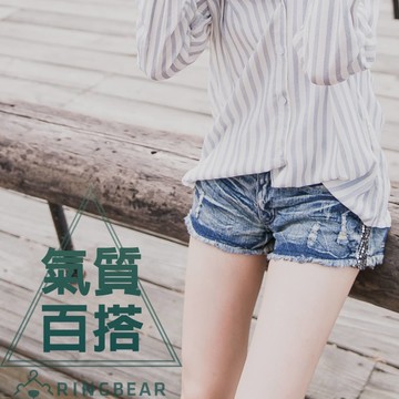 短褲--涼爽秋好刷破水波紋皺褶感側邊亮片牛仔短褲(藍S-7L)-R66眼圈熊中大尺碼◎