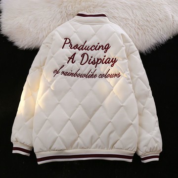 夾棉外套菱格棒球服寬松美式加厚撞色螺紋拼接字母刺繡男女潮秋冬新款【聚宝屋】