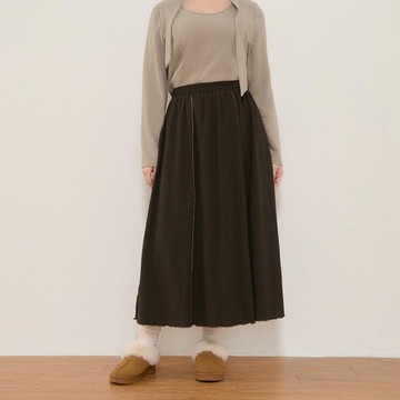 【PolyLulu】 細坑條車線撞色木耳邊長裙