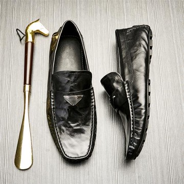 鉑巍透氣樂福潮鞋厚底休閑皮鞋商務一腳蹬黑色開車套腳豆豆鞋男